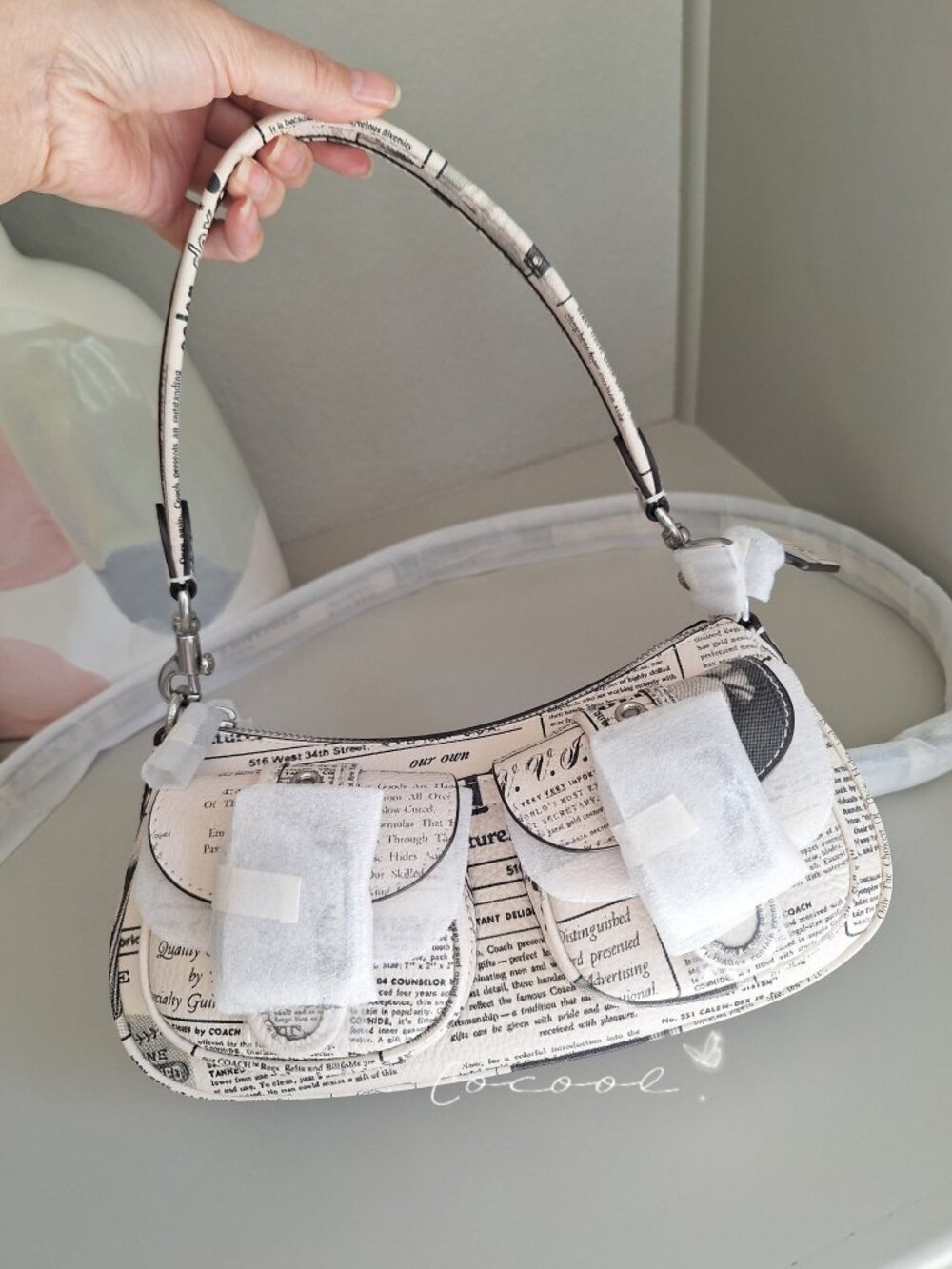NEW Coach Ashton Pebbled Leather Shoulder Bag With Newspaper Print Purse